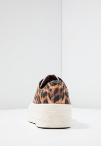 Sneakers Converse All Star w niskim cholewce wprint w panterę widoczne od tyłu na białej powierzchni i tle.