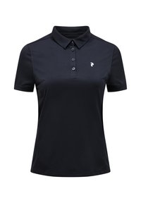Sort polo-shirt med knaplukning og krave. Har et lille hvidt logo på venstre bryst. Fremstillet af et glat, åndbart stof.