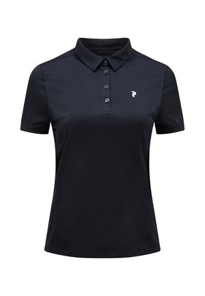 Schwarzes Poloshirt mit Knopfleiste und Kragen. Verfügt über ein kleines weißes Logo auf der linken Brust. Hergestellt aus einem glatten, atmungsaktiven Stoff.