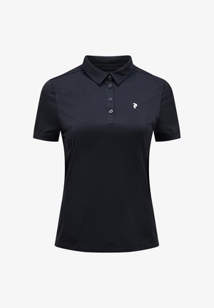 Schwarzes Poloshirt mit Knopfleiste und Kragen. Verfügt über ein kleines weißes Logo auf der linken Brust. Hergestellt aus einem glatten, atmungsaktiven Stoff.