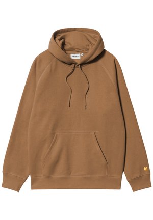 Brązowa bluza Carhartt z kapturem, przednią kieszenią kangurką, regulowanym sznurkiem przy kapturze, ściągaczami na rękawach oraz małym logo na lewym rękawie.