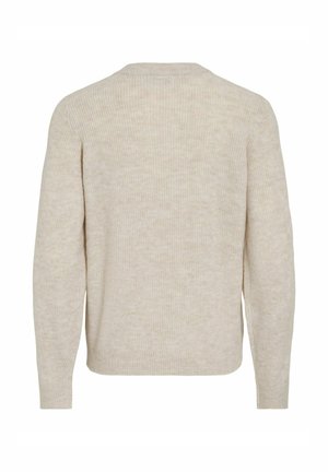 Maglione beige a coste con maniche lunghe, colletto tondo e vestibilità rilassata. Texture morbida e colore uniforme, senza motivi visibili.