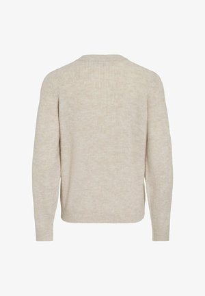 Beige ribbed sweater with long sleeves, round neck, and a relaxed fit. Soft texture and even color throughout, with no visible patterns.