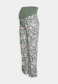 Maternity pants with a green, stretchy waistband and floral print in pink and green. Loose fit and flared legs, made of lightweight fabric.