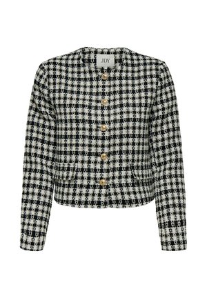 Schwarz-weiß karierter Tweed-Jacke mit rundem Ausschnitt, langen Ärmeln, goldenen Knopfverschlüssen und zwei Fronttaschen.