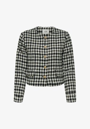 Veste en tweed à carreaux noir et blanc avec un col rond, des manches longues, des fermetures à boutons dorés et deux poches avant.