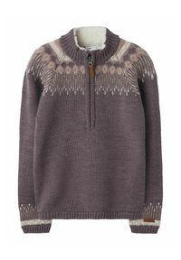 Fioletowy sweter z dzianiny z wzorem fair isle na ramionach oraz mankietach, z półzamkiem z przodu i białym polarem na wysokim kołnierzu.