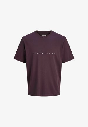 Dunkellila Baumwoll-T-Shirt mit Rundhalsausschnitt und kurzen Ärmeln, mit "JACK&JONES" in Weiß auf der Brust bedruckt.
