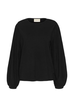 Crni dugouški top s okruglim izrezom, koji ima teksturirane rukave u obliku balona i rebraste manžete. Izrađen od mekog pletenog materijala.