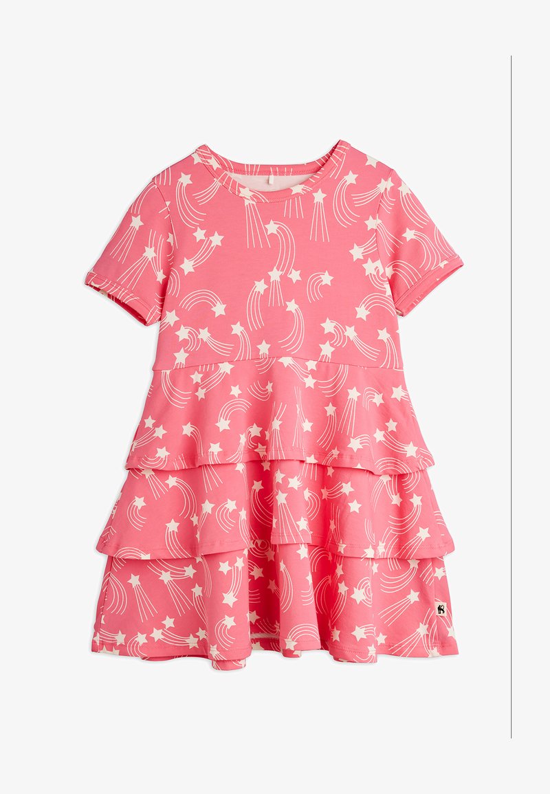 Ροζ στρωματοποιημένο φόρεμα με κοντά μανίκια και σχέδια λευκών πεφταστεριών, με στρογγυλή λαιμόκοψη, σχεδιασμένο για παιδιά.