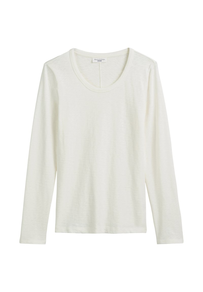 Biała, długa koszulka z długim rękawem, wykonana z miękkiej, lekkiej tkaniny. Posiada okrągły dekolt oraz luźny krój. Minimalistyczny design, bez wzorów.