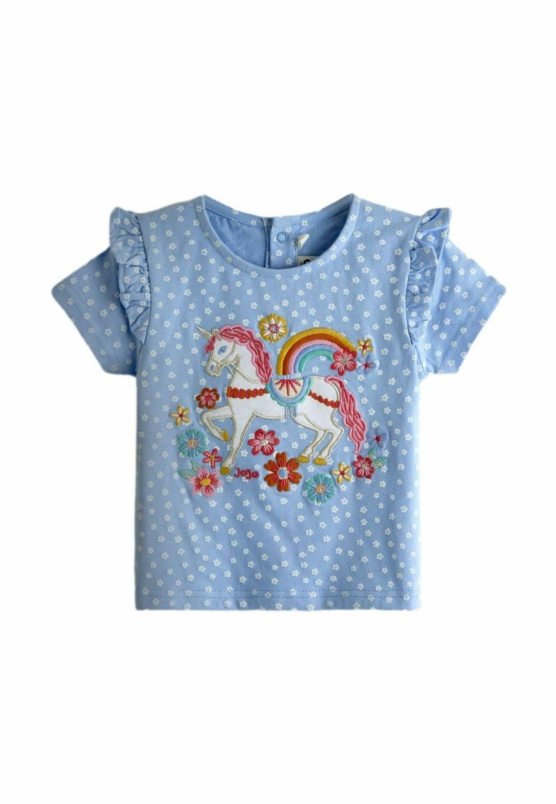 Lyseblå bomuld T-shirt med hvide blomsterprint, flæseærmer og et farverigt broderet motiv af en enhjørning og blomster på forsiden.