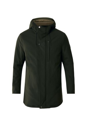 Donkergroene lange gewatteerde jas met capuchon, voorrits, drukknoopsluiting, borstzak en zijzakken, ontworpen voor koud weer.