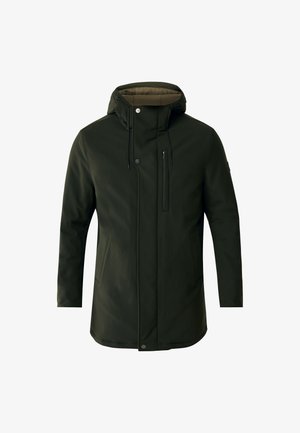 Donkergroene lange gewatteerde jas met capuchon, voorrits, drukknoopsluiting, borstzak en zijzakken, ontworpen voor koud weer.