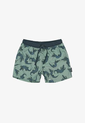 Shorts de înot verzi cu model aligator albastru, talie elastică, șnur și textură netedă.