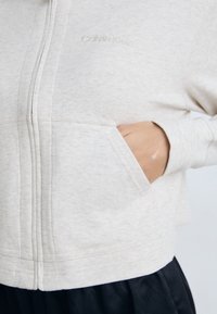 Sweatshirt cinza claro com fecho de correr à frente, bolso tipo canguru e uma textura suave. Logótipo da Calvin Klein discretamente gravado na zona do peito.