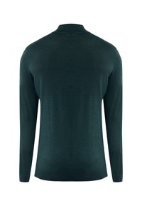 Tmavě zelený svetr vyrobený z hladkého materiálu, má dlouhé rukávy, vysoký límec a vroubkovaný lem. Minimalistický design bez viditelných vzorů.