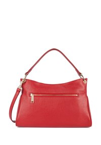 Borsa a tracolla in pelle rossa con finitura testurizzata, parte superiore arrotondata, una sola tracolla e una tasca con zip frontale accentuata da hardware dorato.