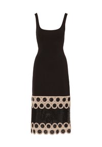 Abito senza maniche nero con scollatura a barca e orlo in pizzo all'uncinetto con motivi circolari in beige e nero. Vestibilità regolabile.