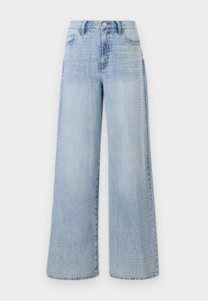 Lys blå vide jeans laget av denim, med et prikkete mønster over stoffet og høy midje med en klassisk fem-lomme design.