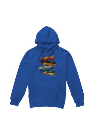 Blue hoodie with front pocket featuring five colored, weathered banners labeled Gryffindor, Hufflepuff, Ravenclaw, and Slytherin.
