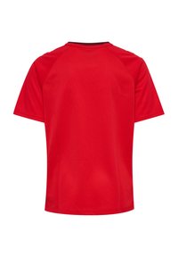Czerwona koszulka na krótki rękaw z okrągłym kołnierzem, wykonana z gładkiej tkaniny. Posiada rękawy raglanowe i prosty dół. Bez wzorów i zdobień.