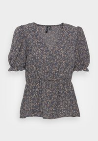 Blusa floral com mangas curtas em balão, decote em V, cintura elástica e tecido leve em azul-marinho com pequenos padrões florais em rosa e amarelo.