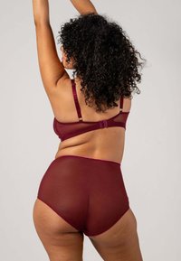 Burgundy underkläder set med genomskinligt material, justerbara band, högmidjade trosor och en jämn finish med minimala sömmar.