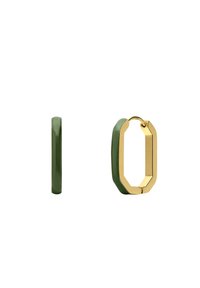 Grüne Harz-Hoops mit einem Akzent aus goldfarbenem Metall. Winkliges Design mit glatter Textur und poliertem Finish.