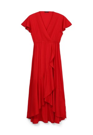 Rotes Wickelkleid mit kurzen, flatternden Ärmeln, geraffter Taille und asymmetrischem Rüschensaum. Hergestellt aus leichtem Stoff. Glatte Textur.