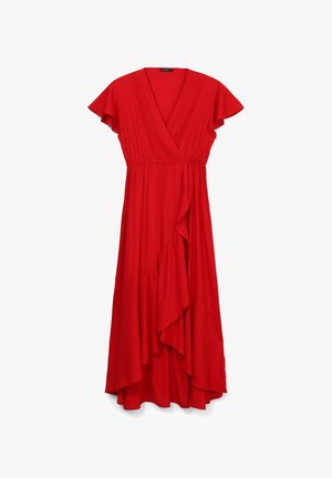 Rotes Wickelkleid mit kurzen, flatternden Ärmeln, geraffter Taille und asymmetrischem Rüschensaum. Hergestellt aus leichtem Stoff. Glatte Textur.