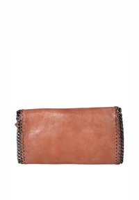 Leren portemonnee in lichtbruin met een gestructureerde afwerking en zwarte kettingdetails langs de randen. Rechthoekige vorm, minimalistisch ontwerp.