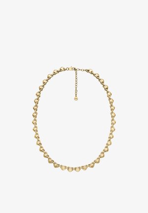 Goudkleurige ketting met afwisselend hartvormige schakels en ronde schakels, voorzien van een sluiting en een verstelbare ketting aan de achterkant.