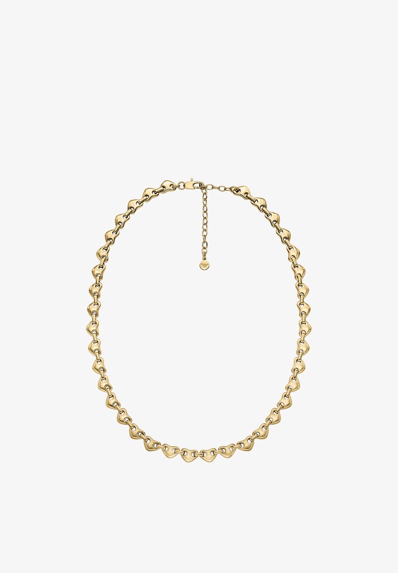 Collier doré avec des maillons alternés en forme de cœur et des maillons ronds, doté d'un fermoir et d'une chaîne réglable à l'arrière.