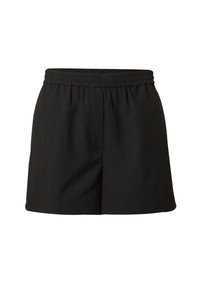 Zwarte shorts met een elastische tailleband, met een gladde textuur en een eenvoudig, recht gesneden ontwerp zonder zakken of versieringen.