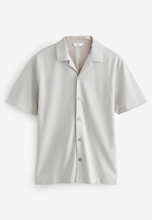 Short-sleeve collared shirt in light gray fabric; features a smooth texture, five buttons down the front, and a relaxed fit design.