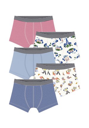 Cinq boxers pour garçons avec ceintures rayées ; les motifs incluent des rayures rouges et bleues, un bleu clair uni, des monuments de Paris et des animaux de dessin animé avec du pain.