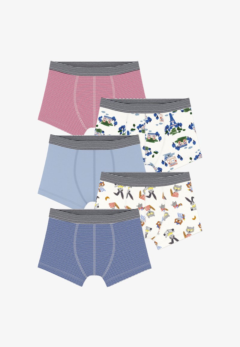 Cinq boxers pour garçons avec ceintures rayées ; les motifs incluent des rayures rouges et bleues, un bleu clair uni, des monuments de Paris et des animaux de dessin animé avec du pain.