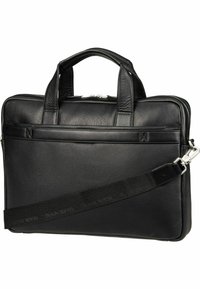 Black leather briefcase with top handles and an adjustable strap. Features a textured surface and zipper closure. Horizontal front pocket.