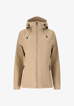 Beige Kapuzenjacke mit vorderem Reißverschluss, verstellbaren Kordelzügen an der Kapuze, seitlichen Reißverschlusstaschen und elastischen Bündchen.