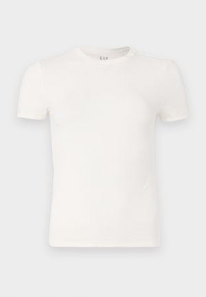 Biely tričko s krátkym rukávom vyrobené z mäkkého bavlneného materiálu, s okrúhlym výstrihom a rovný strih. Bez akýchkoľvek vzorov alebo ozdôb.