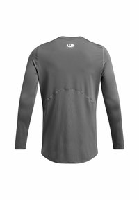 Langärmliges graues Sportshirt aus glattem Stoff, mit abgerundetem Saum, Nahtdetails und einem kleinen Logo in der Nähe des Ausschnitts.