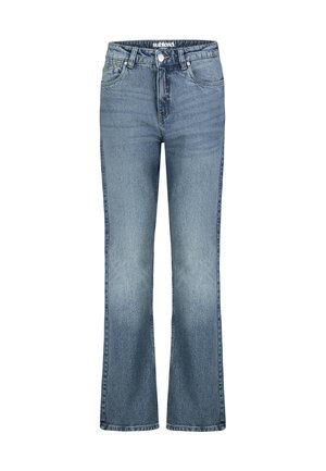 Blaue Denim-Jeans mit mittelhohem Bund, Knopf- und Reißverschluss, Vorder- und Gesäßtaschen sowie einem leicht ausgestellten Bein.