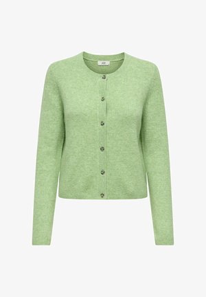 Zielony dziany kardigan z okrągłym dekoltem, zapinany z przodu na guziki, z długimi rękawami. Miękka faktura z żebrowanymi akcentami wzdłuż dołu i mankietów.