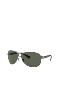 Occhiali da sole aviator con montatura in metallo grigio, lenti verde scuro e design robusto. Presentano naselli regolabili e logo sulla tempia.