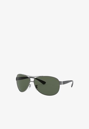 Occhiali da sole aviator con montatura in metallo grigio, lenti verde scuro e design robusto. Presentano naselli regolabili e logo sulla tempia.