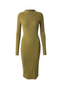 Rippstrickkleid in olivgrün, mit langen Ärmeln und hohem Kragen. Figurbetonter Schnitt in Midikleid-Länge.