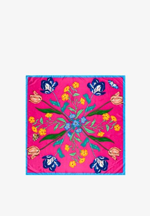 Siidist sall, millel on lilleline muster erksate roosade taustal, sinised ja kollased lilledega ning sinise servaga.