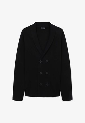 Cardigan nero doppiopetto con sei bottoni e colletto a scialle, maniche lunghe e tessuto a coste.