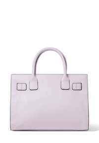 Lavendel leren handtas met twee bovenhandvaten, rechthoekige vorm, textuur oppervlak en subtiele zwarte stiksels langs de randen.